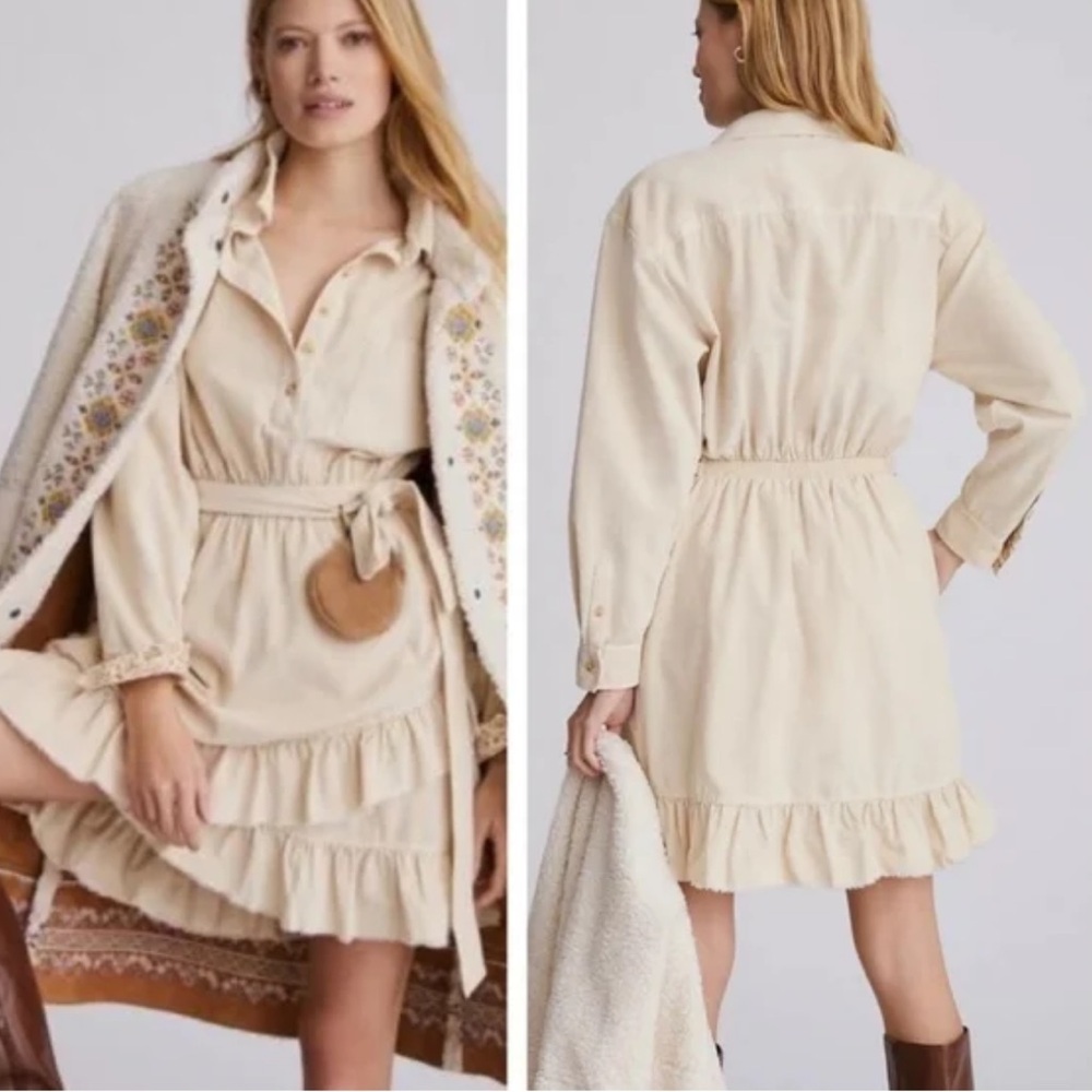 Anthropologie Cream Ruffle Hem Shirt Dress with Tie Belt L